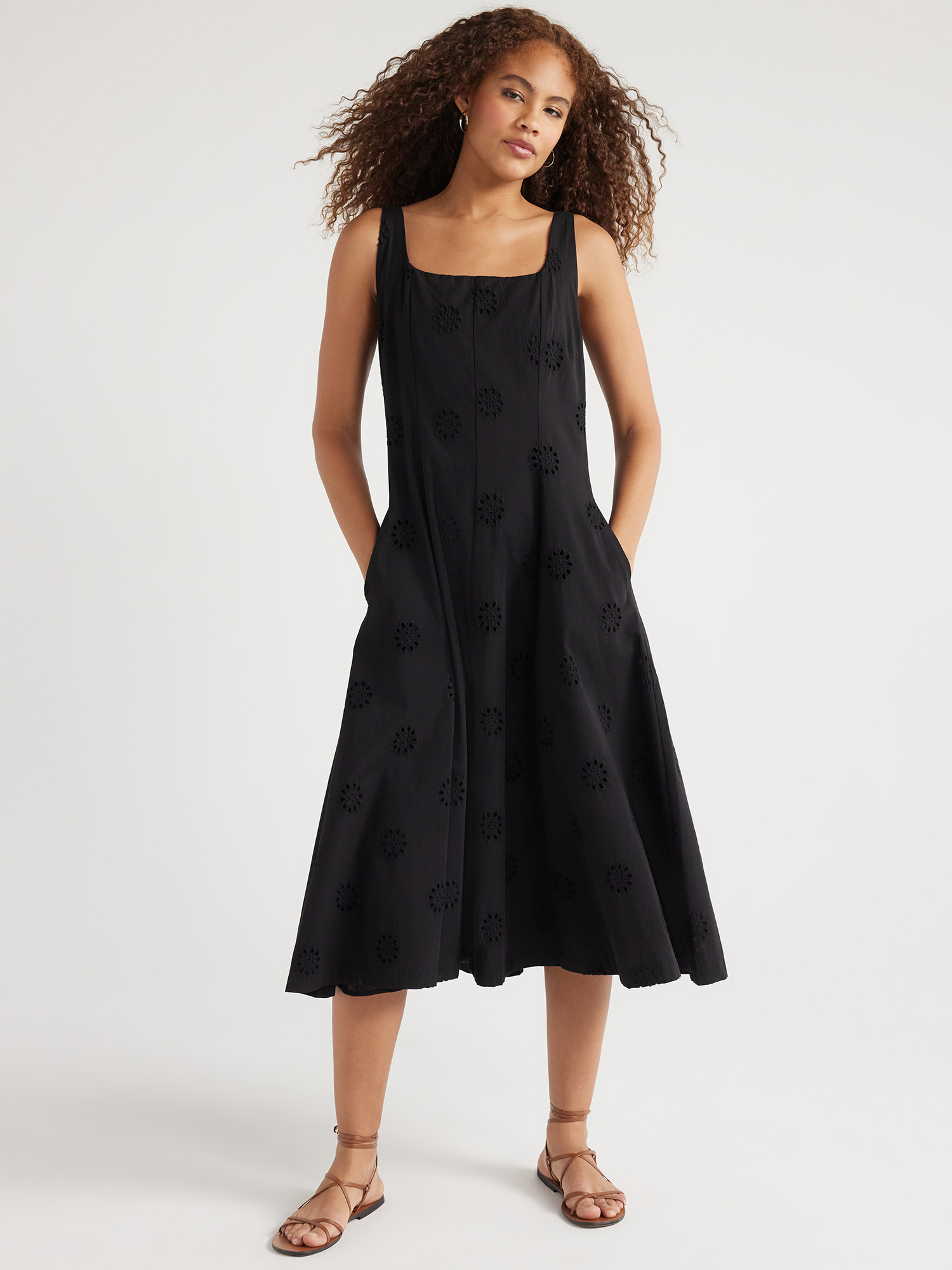 Free Assembly Women's Sleeveless Cotton Eyelet Panel Midi Dress, Sizes XS-XXL